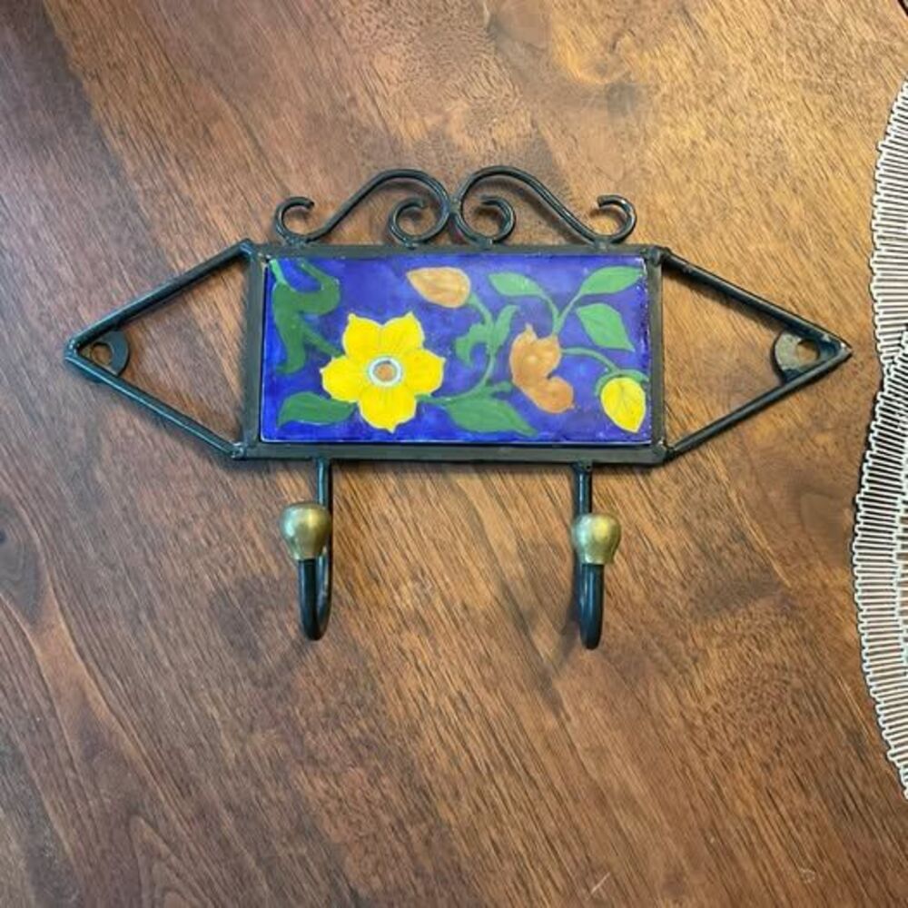 Vintage Wrought Iron and Hand-Painted Ceramic Tile Wall Hook Rack